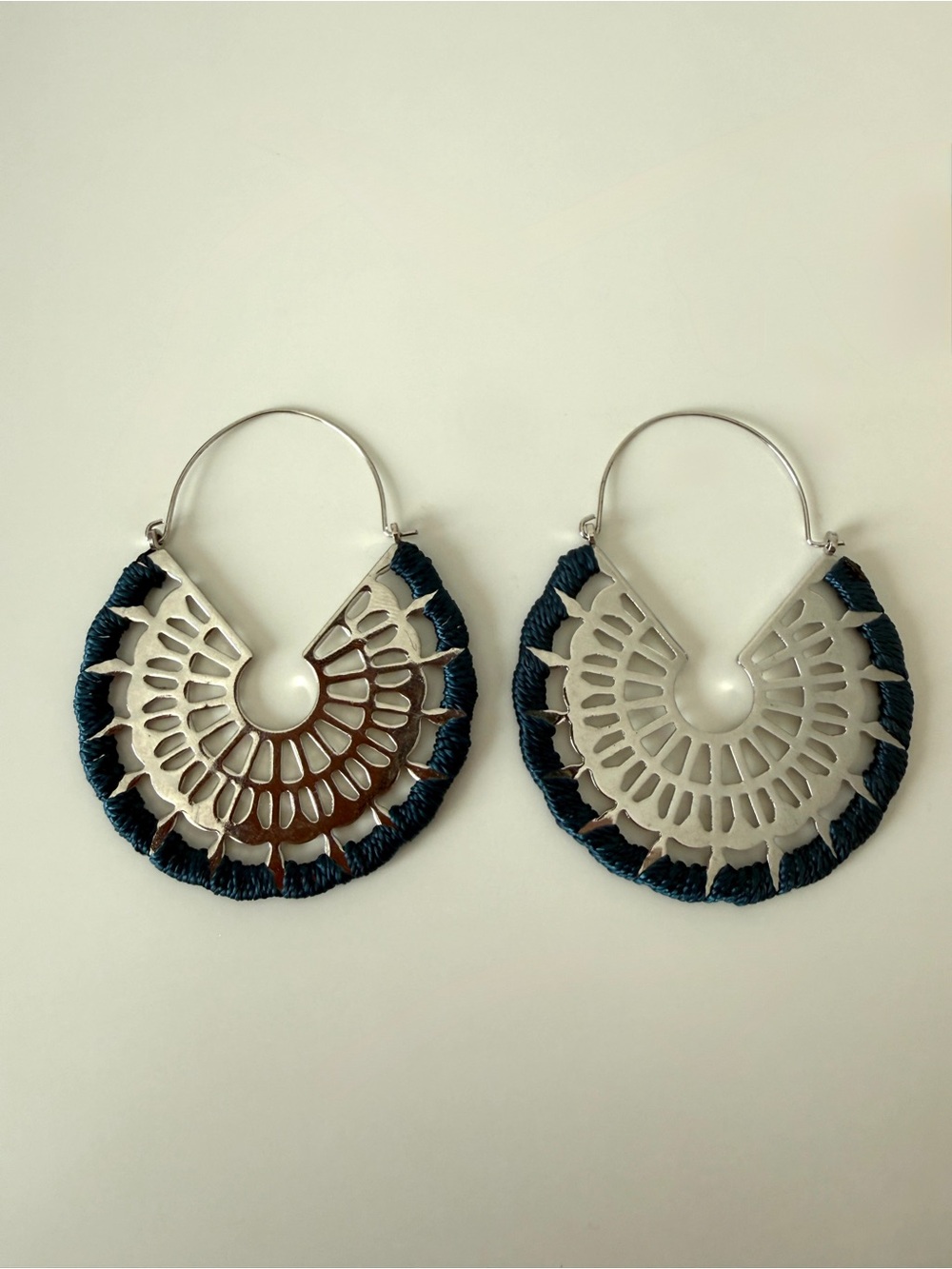 Silver and Navy Radiant Filigree Hoop Earrings